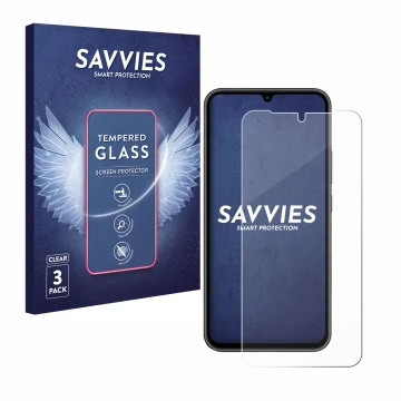 Parte frontal de un envase de producto con el logotipo de la marca Savvies. Al lado se muestra el dispositivo Samsung Galaxy A