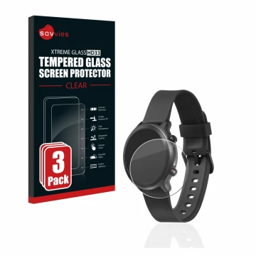 Parte frontal de un envase de producto con el logotipo de la marca Savvies. Al lado se muestra el dispositivo Doro Watch con s
