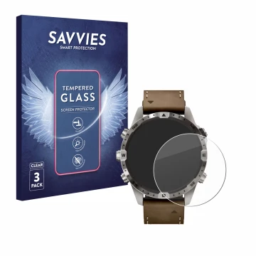 Parte frontal de un envase de producto con el logotipo de la marca Savvies. Al lado se muestra el dispositivo Garmin Marq Adve