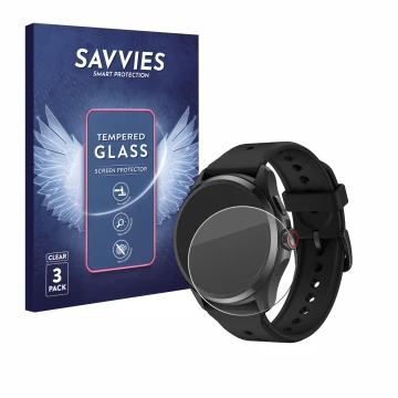 Parte frontal de un envase de producto con el logotipo de la marca Savvies. Al lado se muestra el dispositivo Mobvoi TicWatch 