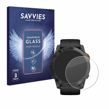 Parte frontal de un envase de producto con el logotipo de la marca Savvies. Al lado se muestra el dispositivo Garmin Fenix 7X 