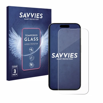 Parte frontal de un envase de producto con el logotipo de la marca Savvies. Al lado se muestra el dispositivo Apple iPhone 15 