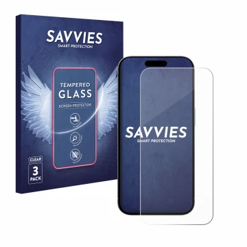Parte frontal de un envase de producto con el logotipo de la marca Savvies. Al lado se muestra el dispositivo Apple iPhone 15 
