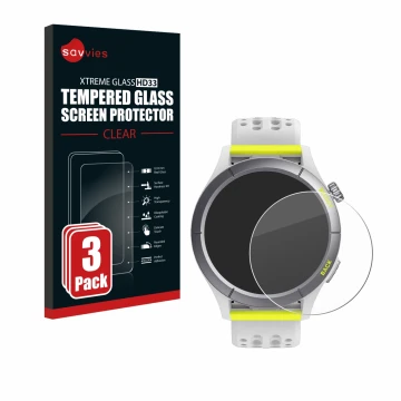 Parte frontal de un envase de producto con el logotipo de la marca Savvies. Al lado se muestra el dispositivo Huami Amazfit Ch