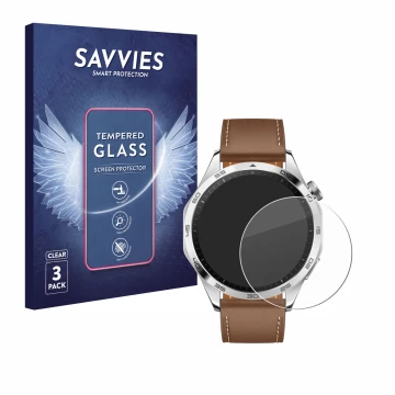 Parte frontal de un envase de producto con el logotipo de la marca Savvies. Al lado se muestra el dispositivo Huawei Watch GT 