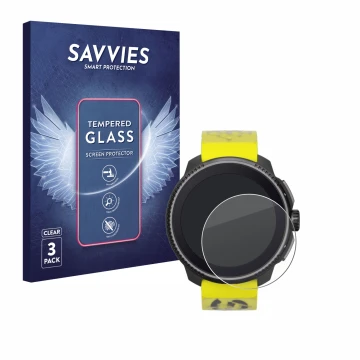 Parte frontal de un envase de producto con el logotipo de la marca Savvies. Al lado se muestra el dispositivo Suunto Race con 