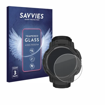 Parte frontal de un envase de producto con el logotipo de la marca Savvies. Al lado se muestra el dispositivo Garmin Instinct 