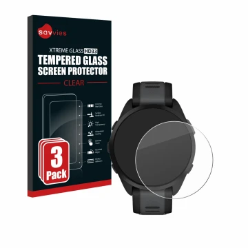 Parte frontal de un envase de producto con el logotipo de la marca Savvies. Al lado se muestra el dispositivo Garmin Forerunne