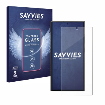 Parte frontal de un envase de producto con el logotipo de la marca Savvies. Al lado se muestra el dispositivo Samsung Galaxy S