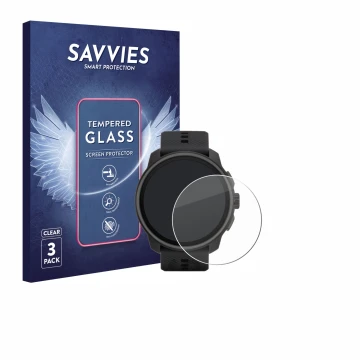 Parte frontal de un envase de producto con el logotipo de la marca Savvies. Al lado se muestra el dispositivo Suunto Race S co