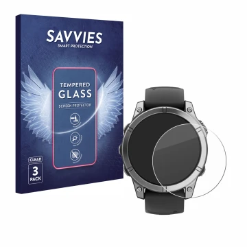 Parte frontal de un envase de producto con el logotipo de la marca Savvies. Al lado se muestra el dispositivo Garmin Fenix E c