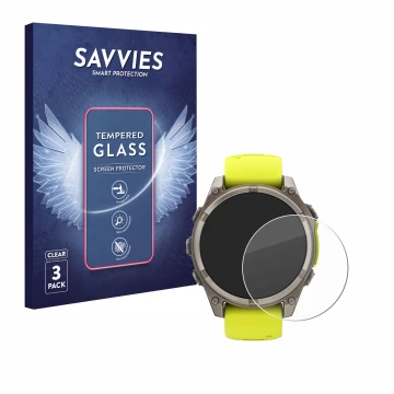 Parte frontal de un envase de producto con el logotipo de la marca Savvies. Al lado se muestra el dispositivo Garmin Fenix 8 S