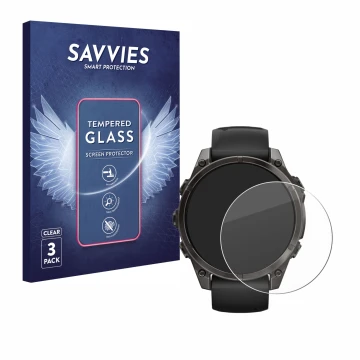 Parte frontal de un envase de producto con el logotipo de la marca Savvies. Al lado se muestra el dispositivo Garmin Fenix 8 A