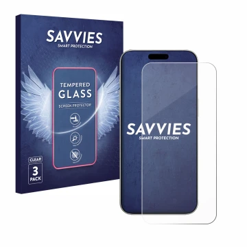 Parte frontal de un envase de producto con el logotipo de la marca Savvies. Al lado se muestra el dispositivo Apple iPhone 16 