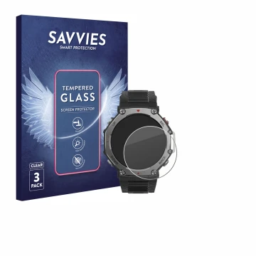 Parte frontal de un envase de producto con el logotipo de la marca Savvies. Al lado se muestra el dispositivo Huami Amazfit T-