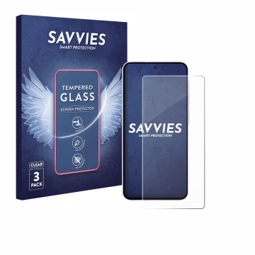 Parte frontal de un envase de producto con el logotipo de la marca Savvies. Al lado se muestra el dispositivo Samsung Galaxy A