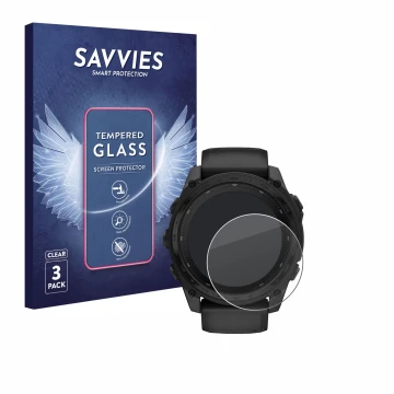 Parte frontal de un envase de producto con el logotipo de la marca Savvies. Al lado se muestra el dispositivo Garmin Tactix 8 