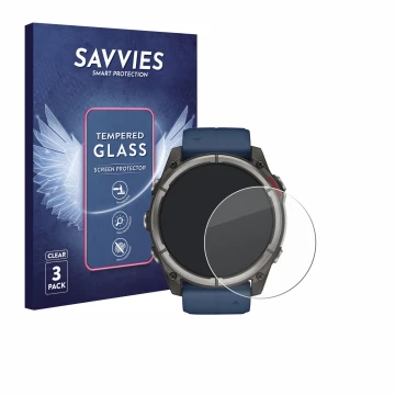 Parte frontal de un envase de producto con el logotipo de la marca Savvies. Al lado se muestra el dispositivo Garmin quatix 8 