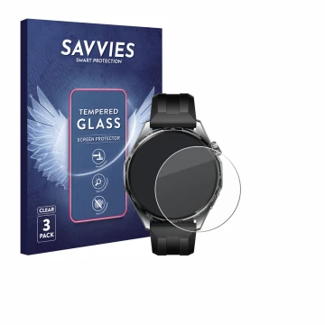 Parte frontal de un envase de producto con el logotipo de la marca Savvies. Al lado se muestra el dispositivo Huawei Watch GT 