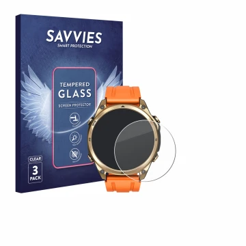 Parte frontal de un envase de producto con el logotipo de la marca Savvies. Al lado se muestra el dispositivo Doogee Anywise W