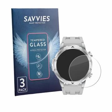 Parte frontal de un envase de producto con el logotipo de la marca Savvies. Al lado se muestra el dispositivo FitVigor Smartwa