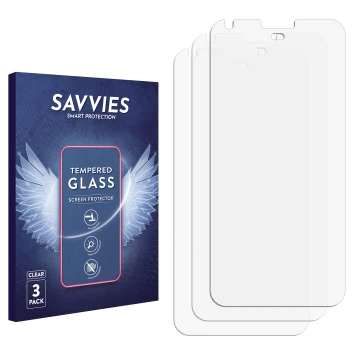 Parte frontal de un envase de producto con el logotipo de la marca Savvies. Al lado está el protector de pantalla correspondie