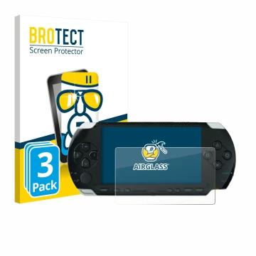 Parte frontal de un envase de producto con el logotipo de la marca BROTECT. Al lado se muestra el dispositivo Sony PSP 1000 co