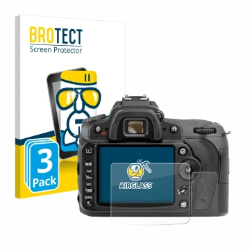 Parte frontal de un envase de producto con el logotipo de la marca BROTECT. Al lado se muestra el dispositivo Nikon D90 con su