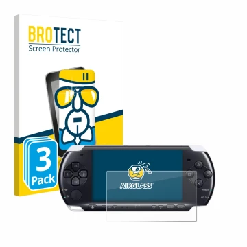 Parte frontal de un envase de producto con el logotipo de la marca BROTECT. Al lado se muestra el dispositivo Sony PSP 3000 co