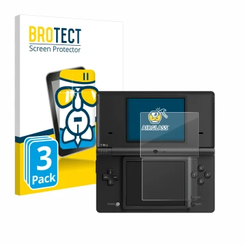 Parte frontal de un envase de producto con el logotipo de la marca BROTECT. Al lado se muestra el dispositivo Nintendo DSi con