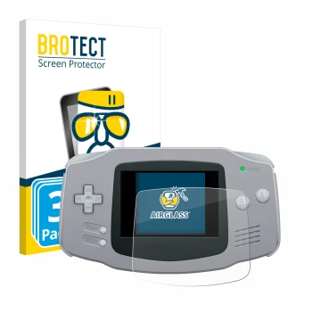 Parte frontal de un envase de producto con el logotipo de la marca BROTECT. Al lado se muestra el dispositivo Nintendo Gameboy