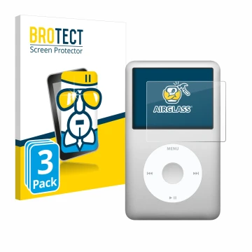 Parte frontal de un envase de producto con el logotipo de la marca BROTECT. Al lado se muestra el dispositivo Apple iPod class