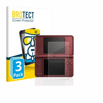 Parte frontal de un envase de producto con el logotipo de la marca BROTECT. Al lado se muestra el dispositivo Nintendo DSi XL 