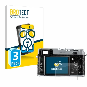 Parte frontal de un envase de producto con el logotipo de la marca BROTECT. Al lado se muestra el dispositivo Fujifilm FinePix