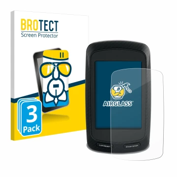 Parte frontal de un envase de producto con el logotipo de la marca BROTECT. Al lado se muestra el dispositivo Garmin Edge 800 