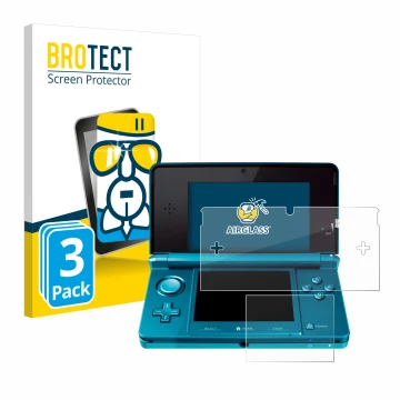 Parte frontal de un envase de producto con el logotipo de la marca BROTECT. Al lado se muestra el dispositivo Nintendo 3DS con