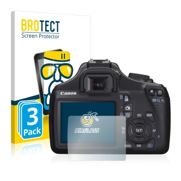 Parte frontal de un envase de producto con el logotipo de la marca BROTECT. Al lado se muestra el dispositivo Canon EOS 1100D 