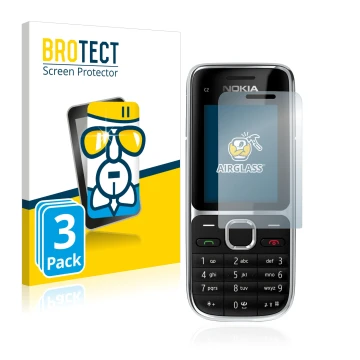 Parte frontal de un envase de producto con el logotipo de la marca BROTECT. Al lado se muestra el dispositivo Nokia C2-01 con 