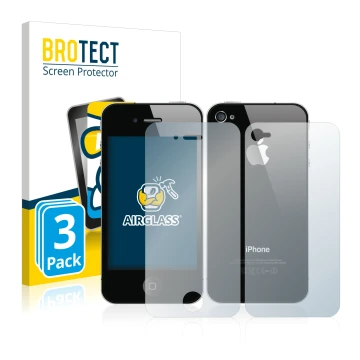 Parte frontal de un envase de producto con el logotipo de la marca BROTECT. Al lado se muestra el dispositivo Apple iPhone 4S 