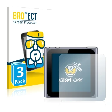 Parte frontal de un envase de producto con el logotipo de la marca BROTECT. Al lado se muestra el dispositivo Apple iPod nano 