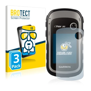 Parte frontal de un envase de producto con el logotipo de la marca BROTECT. Al lado se muestra el dispositivo Garmin eTrex 30 