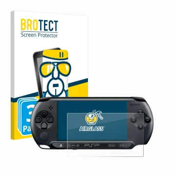 Parte frontal de un envase de producto con el logotipo de la marca BROTECT. Al lado se muestra el dispositivo Sony PSP Street 