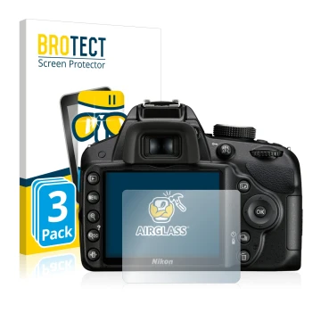 Parte frontal de un envase de producto con el logotipo de la marca BROTECT. Al lado se muestra el dispositivo Nikon D3200 con 