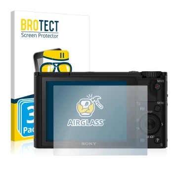 Parte frontal de un envase de producto con el logotipo de la marca BROTECT. Al lado se muestra el dispositivo Sony Cyber-Shot 