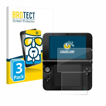 Parte frontal de un envase de producto con el logotipo de la marca BROTECT. Al lado se muestra el dispositivo Nintendo 3DS XL 