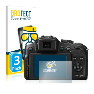Parte frontal de un envase de producto con el logotipo de la marca BROTECT. Al lado se muestra el dispositivo Panasonic Lumix 