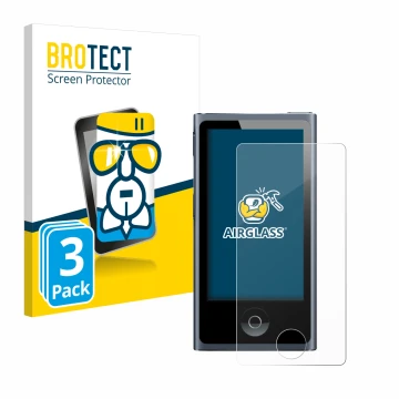 Parte frontal de un envase de producto con el logotipo de la marca BROTECT. Al lado se muestra el dispositivo Apple iPod nano 