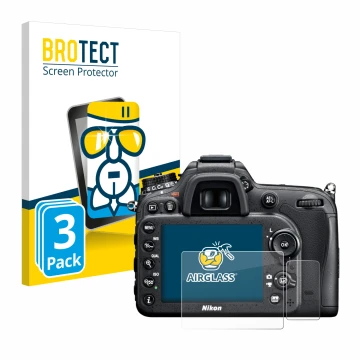 Parte frontal de un envase de producto con el logotipo de la marca BROTECT. Al lado se muestra el dispositivo Nikon D7100 con 