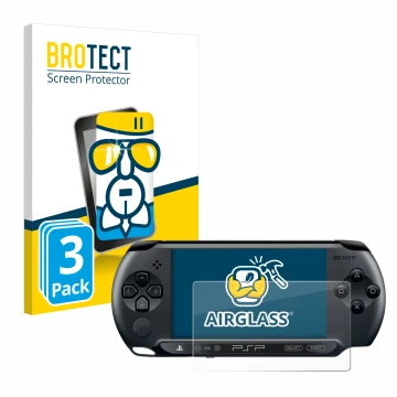 Parte frontal de un envase de producto con el logotipo de la marca BROTECT. Al lado se muestra el dispositivo Sony PSP 1004 co