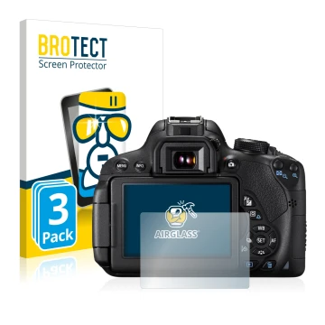 Parte frontal de un envase de producto con el logotipo de la marca BROTECT. Al lado se muestra el dispositivo Canon EOS 700D c